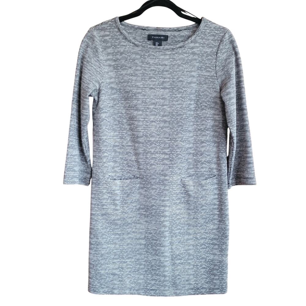 Tahari Gray Knit Shift Dress Size M 3/4 Sleeve Pockets Officecore